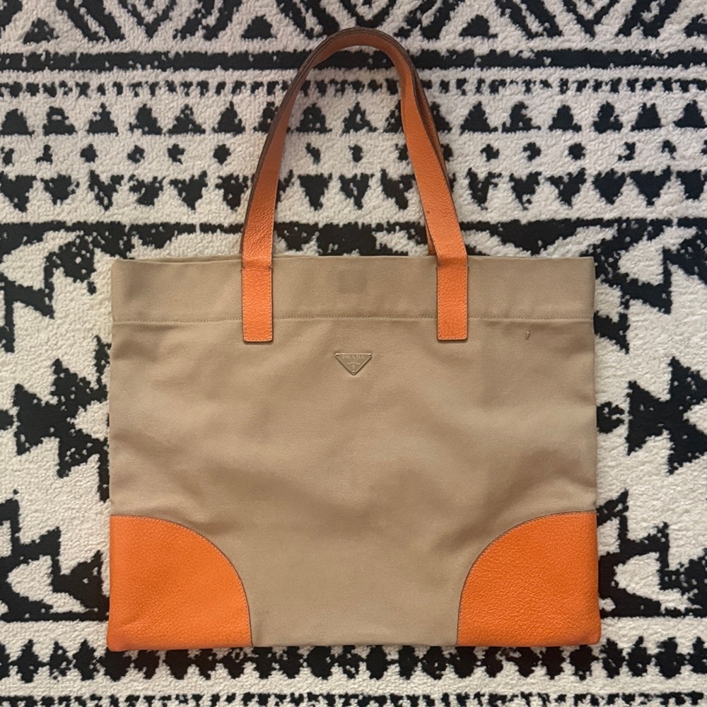 PRADA Canapa Cingi Canvas Tan and Orange Tote Bag: Perfect for Summer!